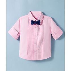 Babyhug Cotton Satin Woven Full Sleeves Pintuck Solid Shirt with Bow - Pink