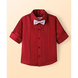 Babyhug Cotton Satin Woven Full Sleeves Pintuck Solid Shirt with Bow - Red