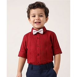Babyhug Cotton Satin Woven Full Sleeves Pintuck Solid Shirt with Bow - Red