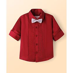 Babyhug Cotton Satin Woven Full Sleeves Pintuck Solid Shirt with Bow - Red
