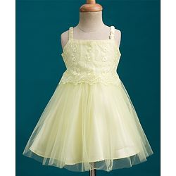 Babyhug Mesh Woven Sleeveless Party Dress with Floral Embroidery - Yellow