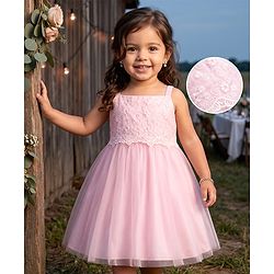 Babyhug Mesh Woven Sleeveless Party Dress with Floral Embroidery - Yellow