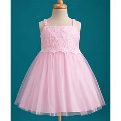 Babyhug Mesh Woven Sleeveless Party Dress with Floral Embroidery - Yellow