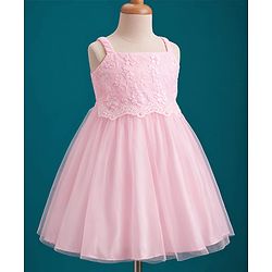 Babyhug Mesh Woven Sleeveless Party Dress with Floral Embroidery - Yellow