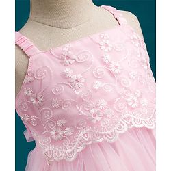 Babyhug Mesh Woven Sleeveless Party Dress with Floral Embroidery - Yellow