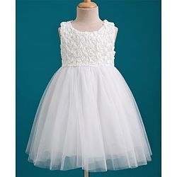 Babyhug Mesh Woven Sleeveless Party Dress with Corsage - White