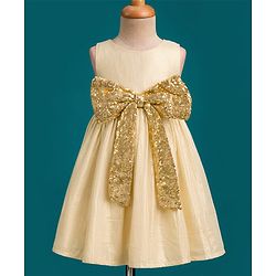 Babyhug Mesh Woven Sleeveless Shimmer Party Dress with Sequinned Bow Applique - Golden