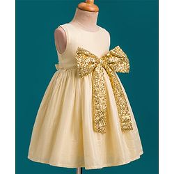 Babyhug Mesh Woven Sleeveless Shimmer Party Dress with Sequinned Bow Applique - Golden