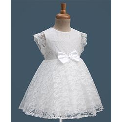 Babyhug Lace Woven Cap Sleeves Party Dress With Satin Bow Applique & Cotton Lining - White