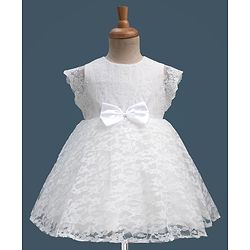 Babyhug Lace Woven Cap Sleeves Party Dress With Satin Bow Applique & Cotton Lining - White