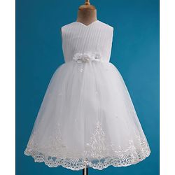 Babyhug Mesh Woven Sleeveless 5 Layer Embroidered Party Gown with Yoke Pleating & Corsage Detailing - White