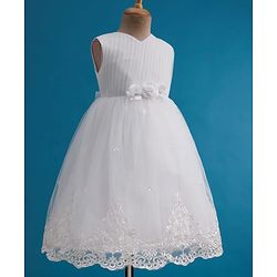 Babyhug Mesh Woven Sleeveless 5 Layer Embroidered Party Gown with Yoke Pleating & Corsage Detailing - White