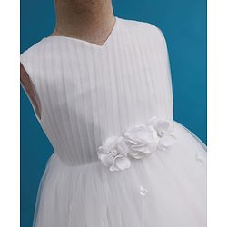 Babyhug Mesh Woven Sleeveless 5 Layer Embroidered Party Gown with Yoke Pleating & Corsage Detailing - White