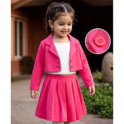 Babyhug Scuba Knit Full Sleeves Solid Jacket & Pleated Skirt With Inner Tee - Pink