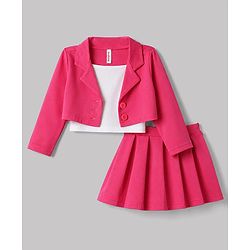 Babyhug Scuba Knit Full Sleeves Solid Jacket & Pleated Skirt With Inner Tee - Pink