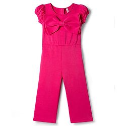 Babyhug Scuba Woven Half Sleeves Solid Colour Jumpsuit With Bow Applique - Fuchsia