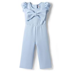 Babyhug Scuba Woven Half Sleeves Party Jumpsuit With Bow Applique - Light Blue