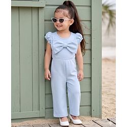Babyhug Scuba Woven Half Sleeves Party Jumpsuit With Bow Applique - Light Blue