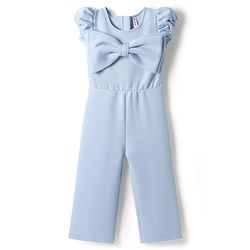 Babyhug Scuba Woven Half Sleeves Party Jumpsuit With Bow Applique - Light Blue