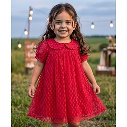 Babyhug Mesh Woven Half Sleeves Fit & Flare Party Peter Pan Collared Frock With Swiss Dot Detailing - Red