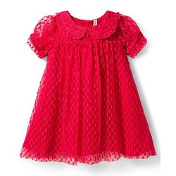 Babyhug Mesh Woven Half Sleeves Fit & Flare Party Peter Pan Collared Frock With Swiss Dot Detailing - Red