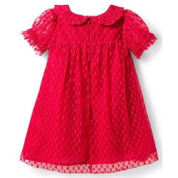 Babyhug Mesh Woven Half Sleeves Fit & Flare Party Peter Pan Collared Frock With Swiss Dot Detailing - Red