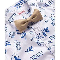 Babyhug Cotton Woven Half Sleeves Party Shirt & Pant With Bow & Suspender - White & Beige