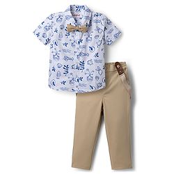 Babyhug Cotton Woven Half Sleeves Party Shirt & Pant With Bow & Suspender - White & Beige