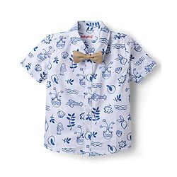 Babyhug Cotton Woven Half Sleeves Party Shirt & Pant With Bow & Suspender - White & Beige