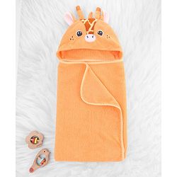 Babyhug Cotton Knit Microfiber Hooded Towel Giraffe Embroidery L 74 x B 74 cm - Orange
