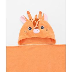 Babyhug Cotton Knit Microfiber Hooded Towel Giraffe Embroidery L 74 x B 74 cm - Orange