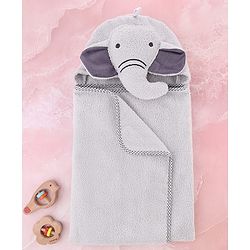 Babyhug Cotton Knit Microfiber  Hooded Towel With Elephant Embroidery - Grey