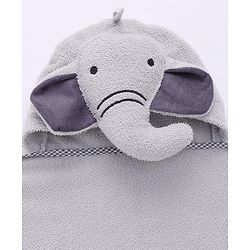 Babyhug Cotton Knit Microfiber  Hooded Towel With Elephant Embroidery - Grey