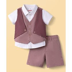 Babyhug Cotton Woven Half Sleeves Shirt & Shorts With Jacket - Multicolor