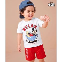 Babyhug Disney 100% Cotton Knit Half Sleeves T-Shirt & Shorts Night Suit With Mickey Mouse Graphic - Red