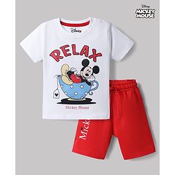 Babyhug Disney 100% Cotton Knit Half Sleeves T-Shirt & Shorts Night Suit With Mickey Mouse Graphic - Red