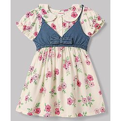 Babyhug Cotton Woven Half Sleeves Floral Printed Frock With Jacket - OffWhite