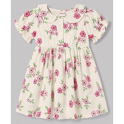 Babyhug Cotton Woven Half Sleeves Floral Printed Frock With Jacket - OffWhite