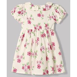 Babyhug Cotton Woven Half Sleeves Floral Printed Frock With Jacket - OffWhite