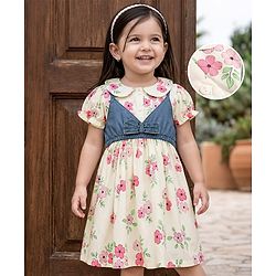 Babyhug Cotton Woven Half Sleeves Floral Printed Frock With Jacket - OffWhite