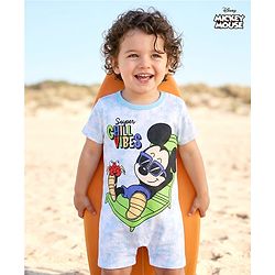 Babyhug Disney Interlock Knit Half Sleeves Romper with Mickey Mouse Graphic - Blue