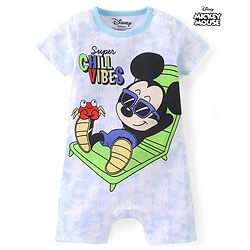 Babyhug Disney Interlock Knit Half Sleeves Romper with Mickey Mouse Graphic - Blue