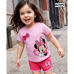 Babyhug Disney Single Jersey Knit Half Sleeve T-Shirt & Shorts Set With Minnie Mouse Graphic & Bow Sequin Applique - Pink