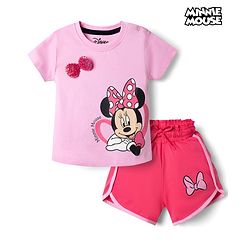 Babyhug Disney Single Jersey Knit Half Sleeve T-Shirt & Shorts Set With Minnie Mouse Graphic & Bow Sequin Applique - Pink