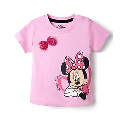 Babyhug Disney Single Jersey Knit Half Sleeve T-Shirt & Shorts Set With Minnie Mouse Graphic & Bow Sequin Applique - Pink