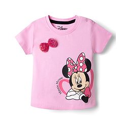 Babyhug Disney Single Jersey Knit Half Sleeve T-Shirt & Shorts Set With Minnie Mouse Graphic & Bow Sequin Applique - Pink