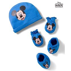 Babyhug Disney Interlock Knit Cap Mittens & Booties with Mickey Mouse Graphics Blue - Diameter 15 cm