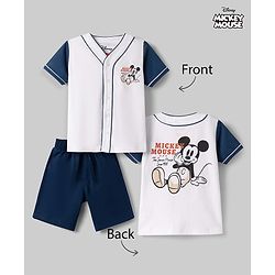Babyhug Disney 100% Cotton Knit Half Sleeves Front Open T-Shirt & Shorts Set With Mickey Mouse Graphic - Navy Blue