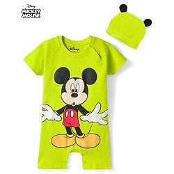 Babyhug Disney Raglan Half Sleeves Romper & Cap With Mickey Mouse Graphics - Green