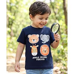 Babyhug 100% Cotton Knit Half Sleeves T-Shirt with Animal Face Applique - Navy